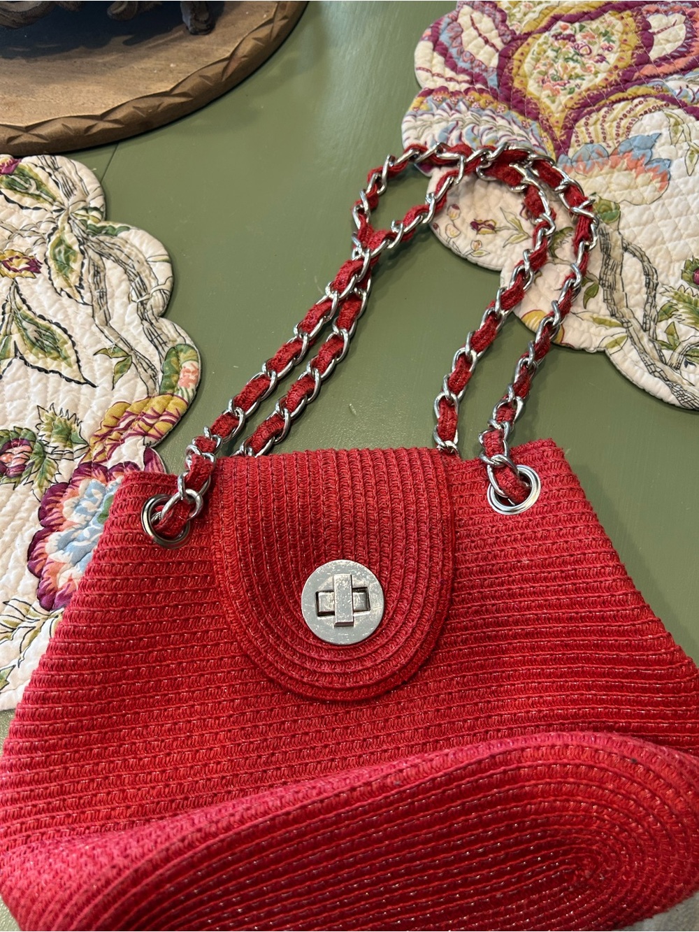 Red Woven Chain-Handle Shoulder Bag